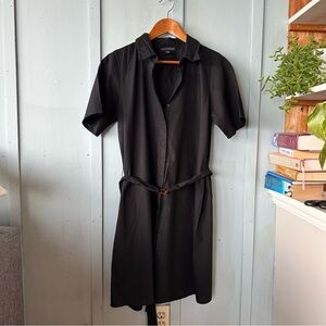 Saks Fifth Avenue Linen Cotton Blend Belted Black Midi Shirt Dress